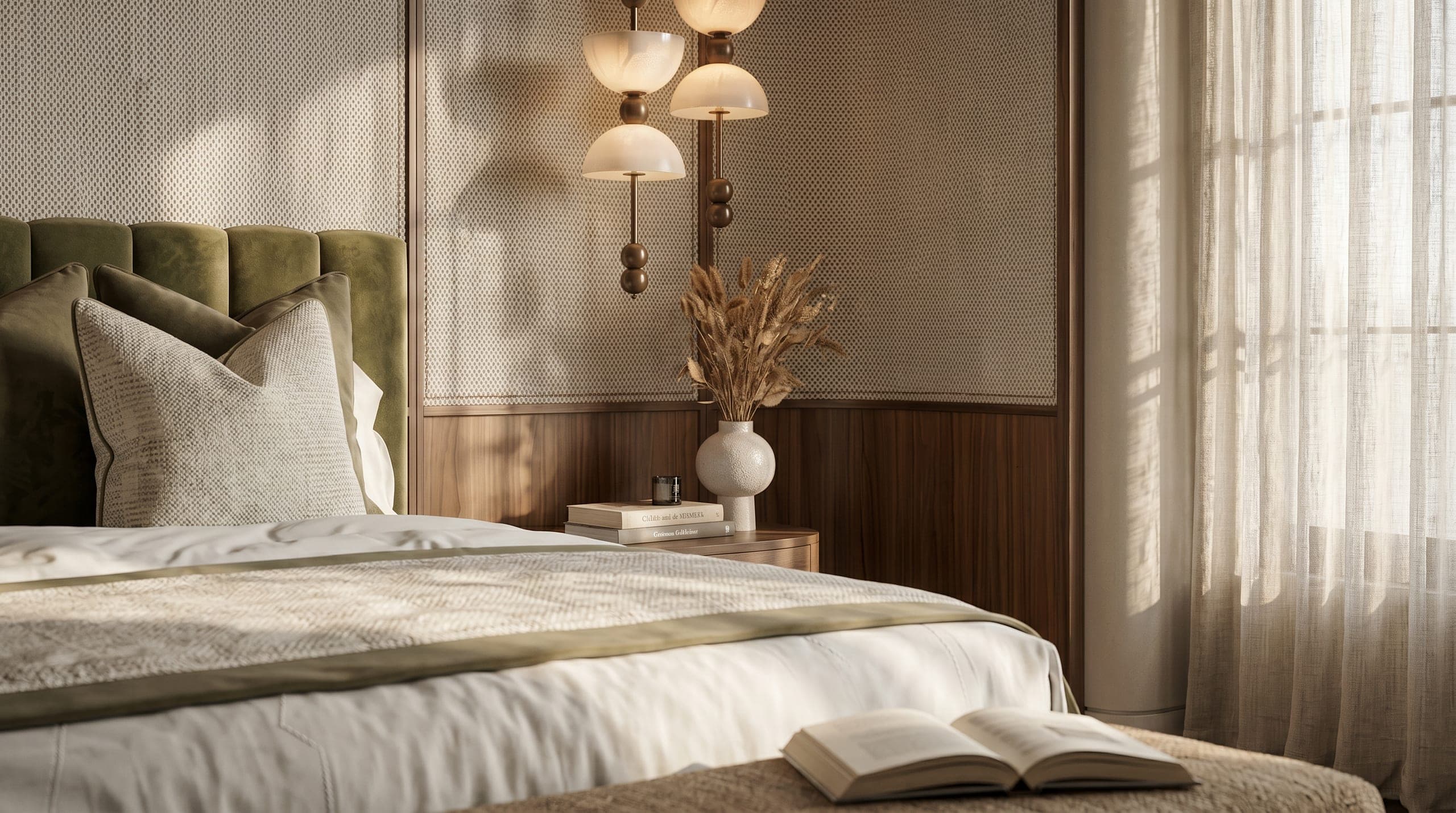 Bedroom close-up — an olive velvet channelled headboard against walnut panelling, layered linens, sculptural pendant lights and morning sheers — LKYOOB interior
