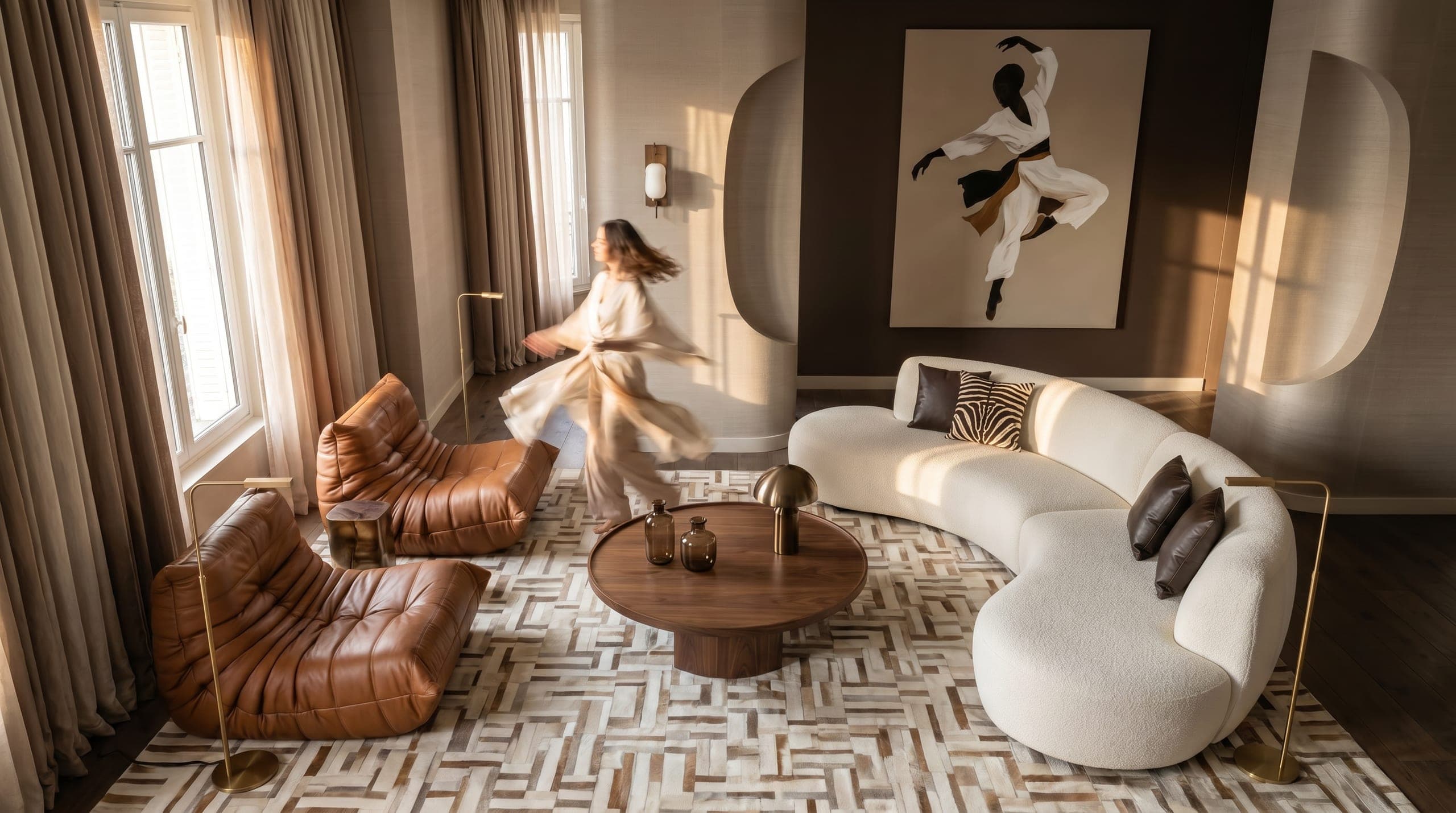 Sun-washed living room seen from above — a figure in motion crosses between tan leather lounge chairs and a curved ivory boucle sofa beneath a dancer artwork — LKYOOB interior