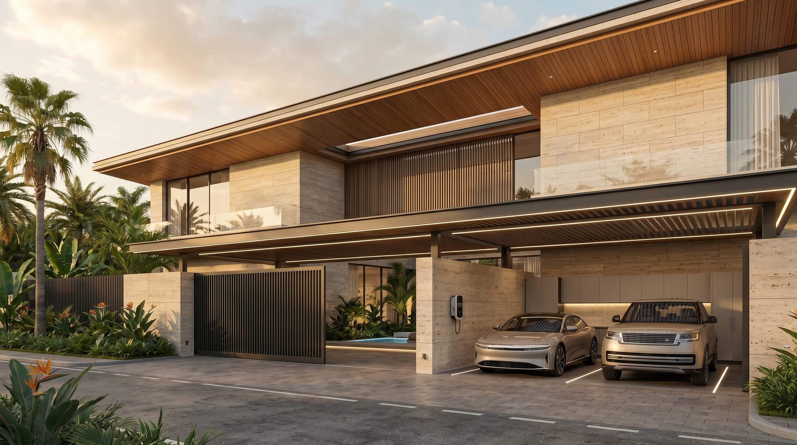 Private villa at dusk by LKYOOB — a timber-soffit carport over two cars beside a travertine facade, palms and warm garden light
